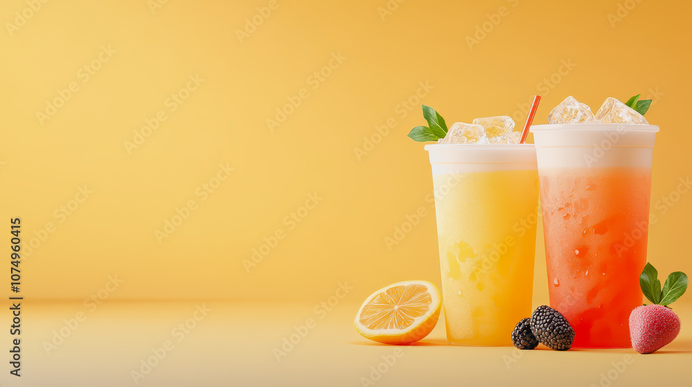 Poster refreshing iced beverages in clear cups with fruit garnish on a smooth yellow gradient background fo