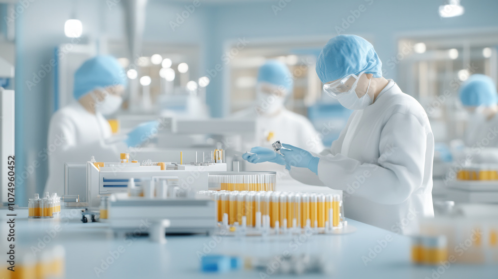 Poster laboratory workers in protective gear handling vials and samples in clean environment. scene showcas