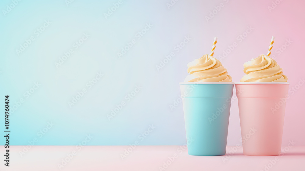 Poster colorful iced beverages in pastel cups sitting on a smooth gradient background for refreshing summer