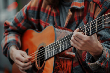 Fototapeta premium Generative AI Image of a Guitarist Performing with Acoustic Guitar