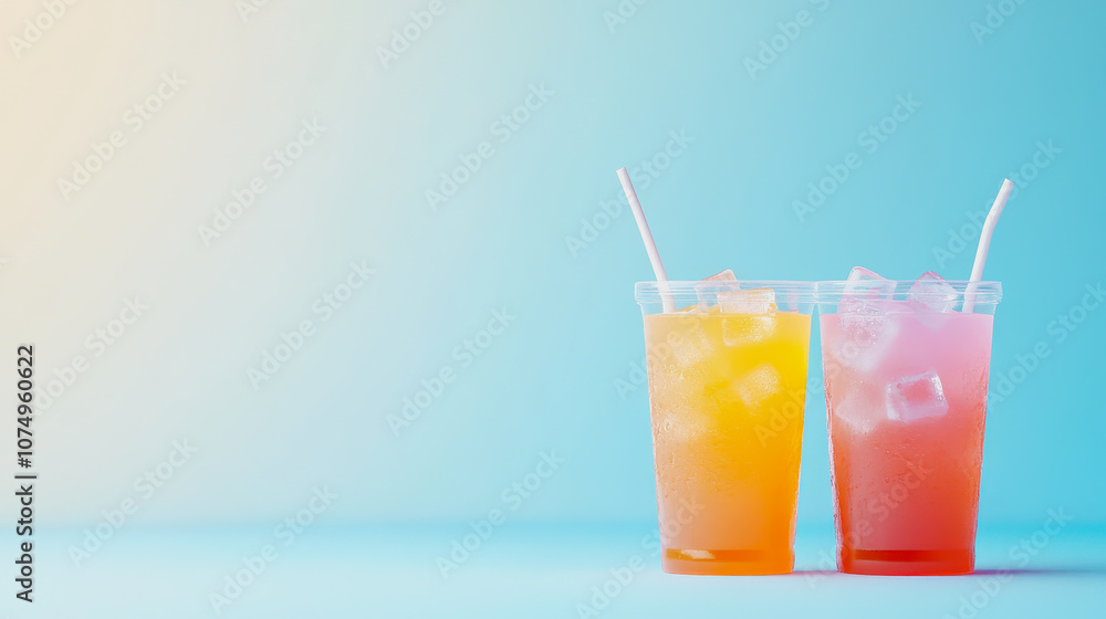 Poster refreshing iced beverages in clear cups on smooth gradient background with ice cubes and straws, per