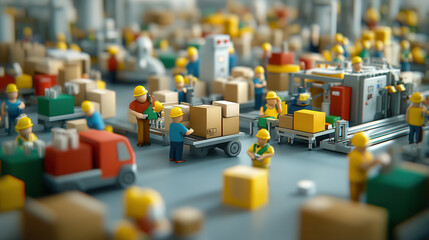 Fototapeta premium Efficient factory production lines with workers handling packages and goods. scene showcases busy environment filled with colorful boxes and vehicles, emphasizing teamwork and productivity