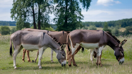 Obraz premium Balkan Donkeys Grazing in Scenic Pasture – Domestic Animals in Natural Landscape
