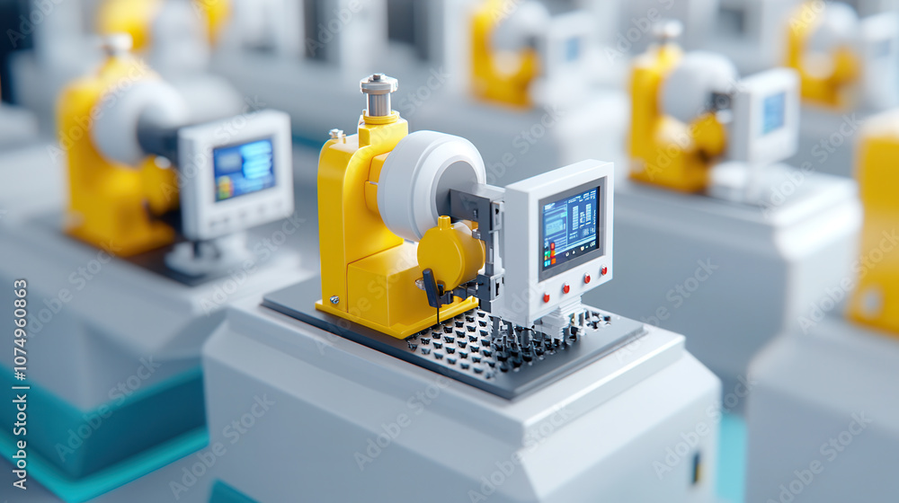 Poster automated machinery in factory setting showcases advanced production lines. vibrant yellow and white