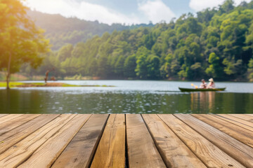 Empty beautiful wood tabletop counter on interior background with blur boho forest and lake and people rowing boat in the style of realistic for product display.