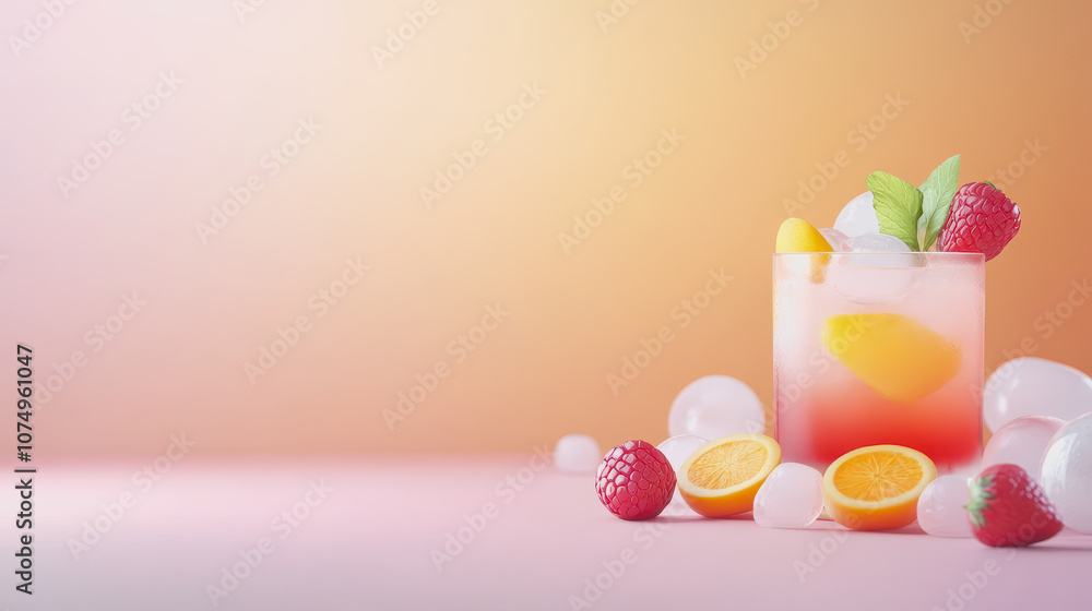 Poster refreshing mocktails on ice in a presentation with smooth gradient background for summer vibes and e