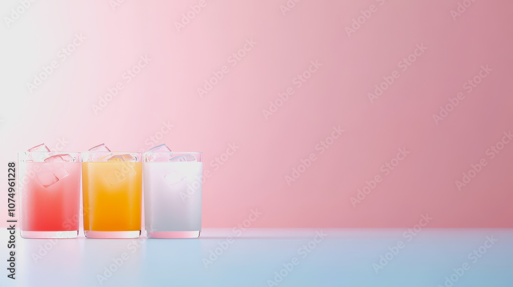 Poster refreshing mocktails on ice in 3d arrangement against a smooth gradient background featuring soft pi