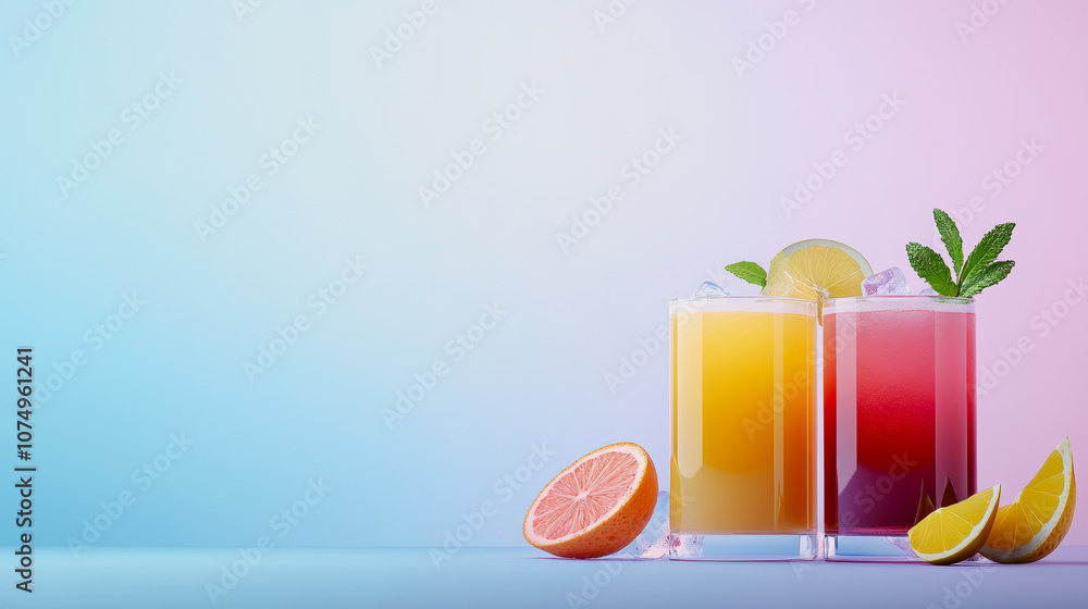 Poster refreshing mocktails on ice presented in against a smooth gradient background highlighting vibrant c