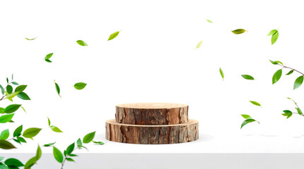 Wood slice podium and green flying leaves on white background. Concept scene stage showcase for new product, promotion sale, banner, presentation, cosmetic. Wooden stand studio empty