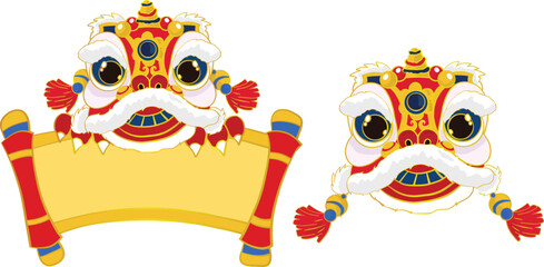 Chinese Lunar New Year scroll greeting card horizontal template with lion dance head. Art & Illustration.