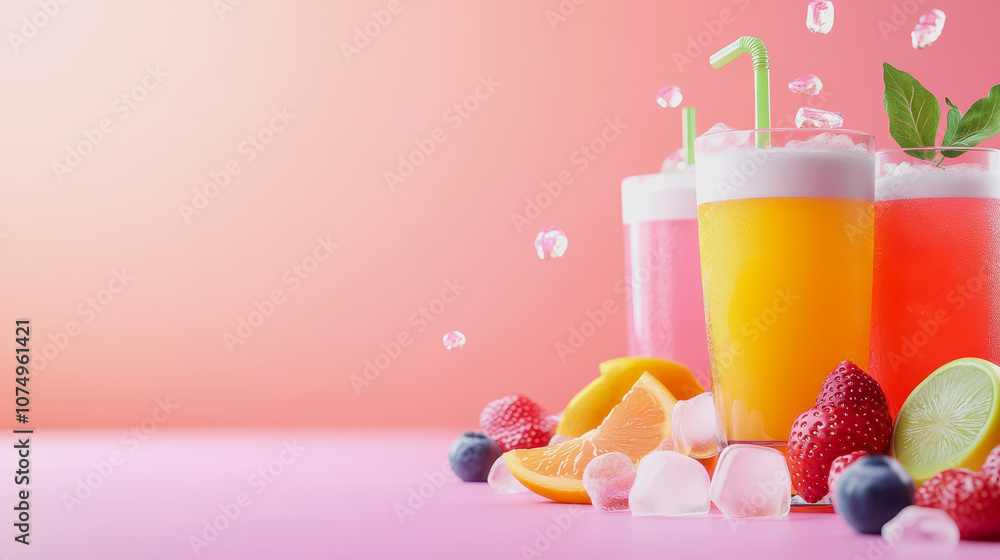 Poster vibrant mocktails on ice surrounded by fresh fruits on a smooth gradient background for refreshing s