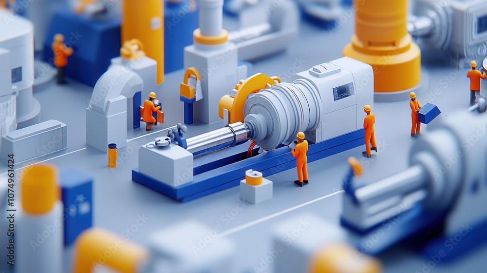 Poster minimalist axonometric view of factory floor with workers operating machinery, showcasing vibrant in
