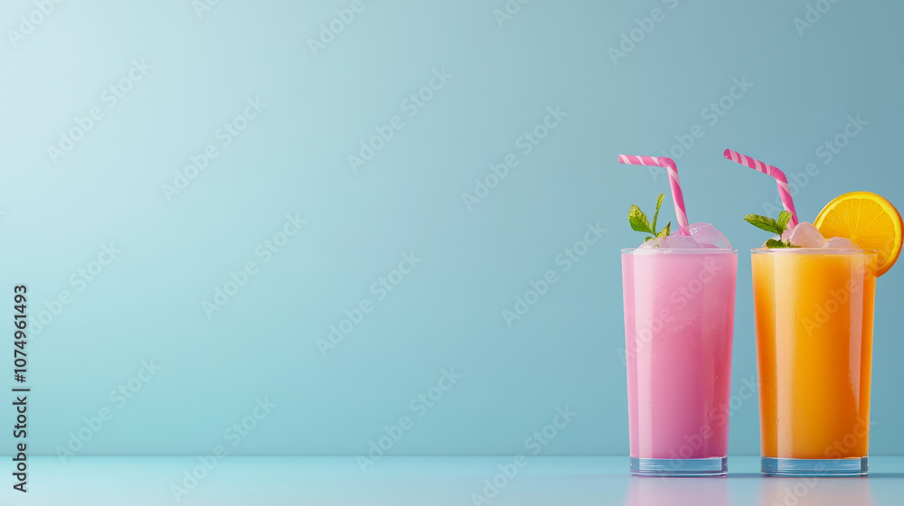 Poster refreshing mocktails on ice with straws and garnish against a smooth gradient background for summer 