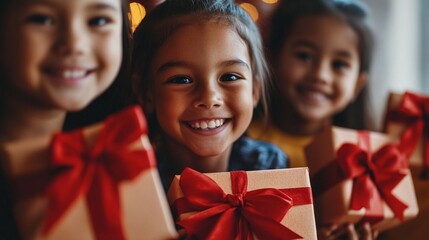 Joyful children's faces light up as they hold beautifully wrapped presents with bright red bows, capturing the pure excitement and anticipation of gift-giving moments.