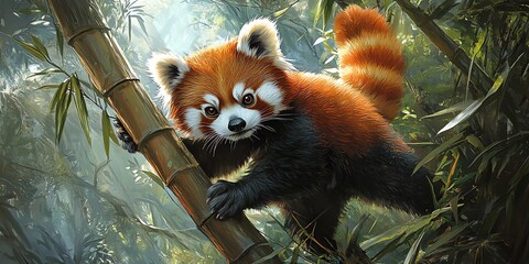 Fototapeta premium A red panda cub climbs a bamboo stalk in a lush forest.