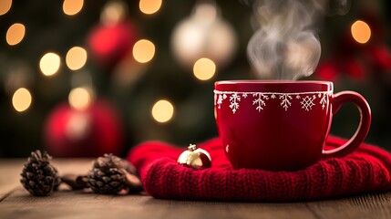 Fototapeta premium Steaming Red Cup with Snowflake Designs on Wooden Table for a Cozy Festive Atmosphere : Generative AI