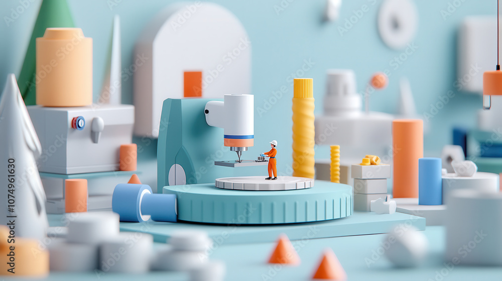 Poster miniature factory scene featuring worker operating machinery amidst colorful geometric shapes and structures, creating vibrant and playful atmosphere