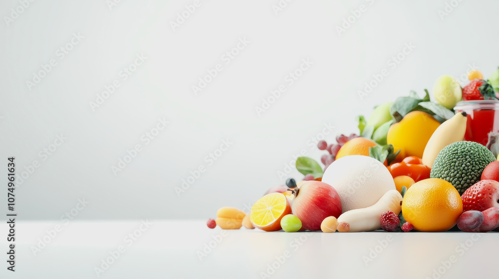 Poster fresh organic food selection displayed in on a smooth gradient background featuring a variety of fru