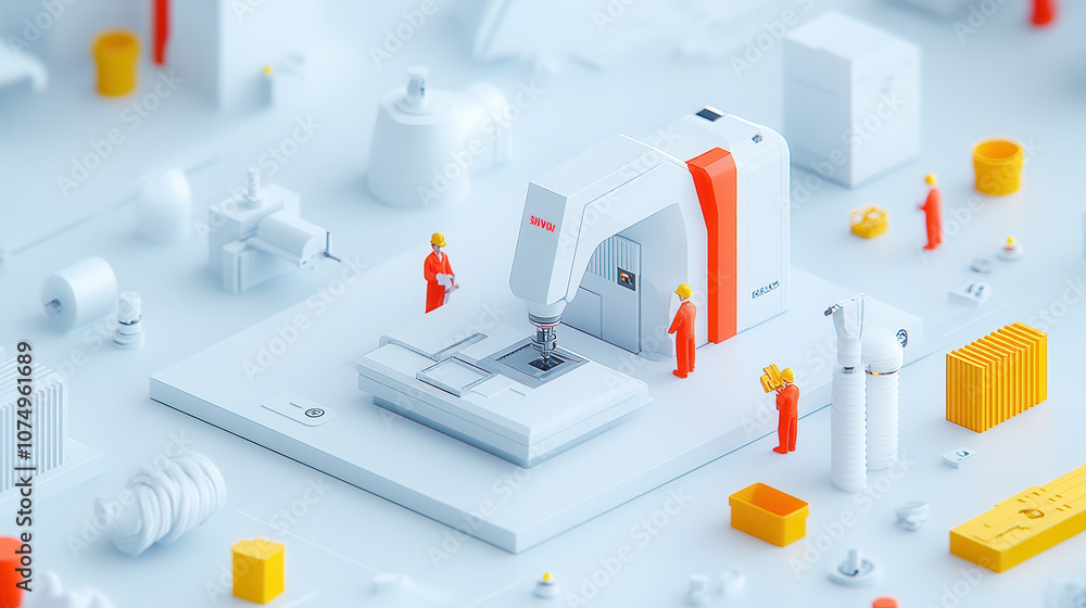 Poster minimalist factory interior in axonometric style featuring cnc machine surrounded by various tools a