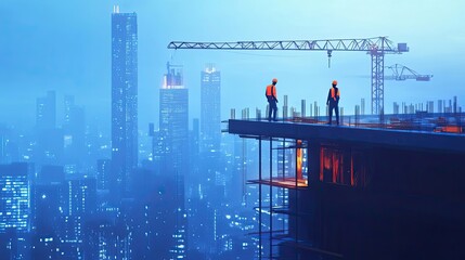 Obraz premium Two Construction Workers on a Skyscraper Under Construction in a City