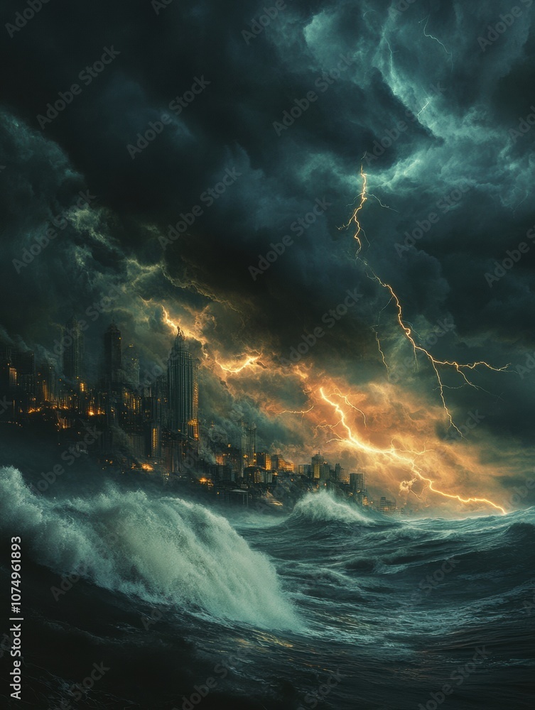 Poster Dark clouds fill the sky with impending rain, while lightning strikes illuminate the coastline, creating a dramatic weather event. Generative AI