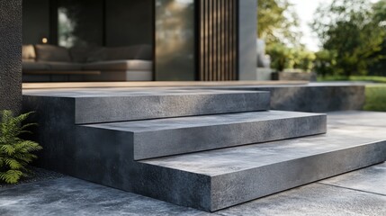 concrete slab steps leading to the entrance of a country house, minimalist and modern