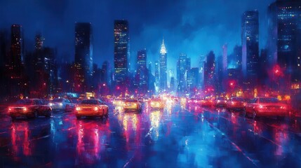 a bustling city road is alive with skyscrapers and flowing car traffic, vibrant light trails weaving through the scene, representing the heartbeat of urban infrastructure and transportation