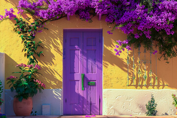 Bright purple door on a yellow wall with vibrant bougainvillea flowers and potted plants in sunlight