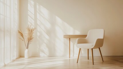 Minimalist living room with a white chair, wooden table, and dried pampas grass in a vase
