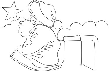 One continuous line drawing Santa Claus on reindeer and sled. concept for Christmas and New Year. vector illustration. Vector illustration