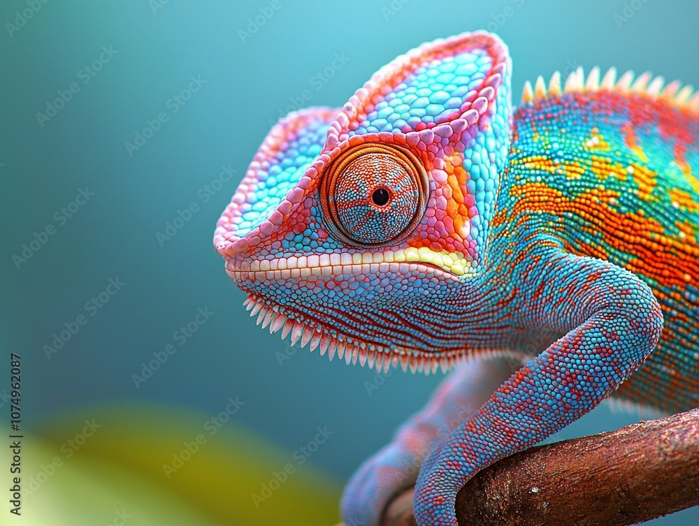 Aufkleber chameleon rests branch displaying blend bright colors while focusing intently surrounded softly blur