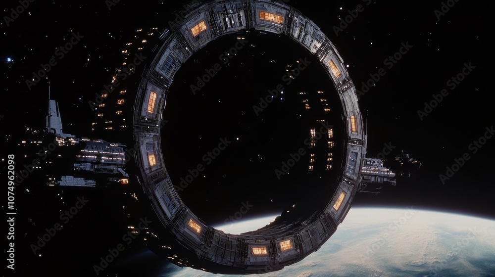 Poster a panoramic view of an advanced colony ship orbiting a distant planet under a starry sky