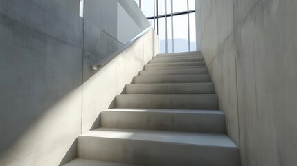 concrete staircase in a minimalist office leading upwards, modern and clean, high quality