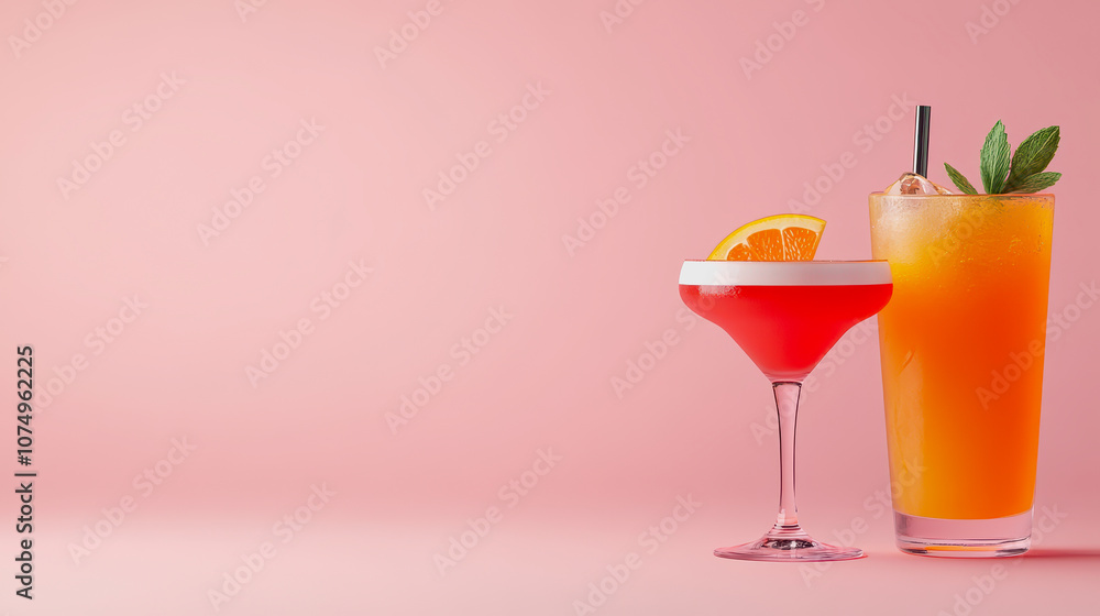 Poster refreshing cocktails displayed on a smooth gradient background with effects, perfect for summer-them