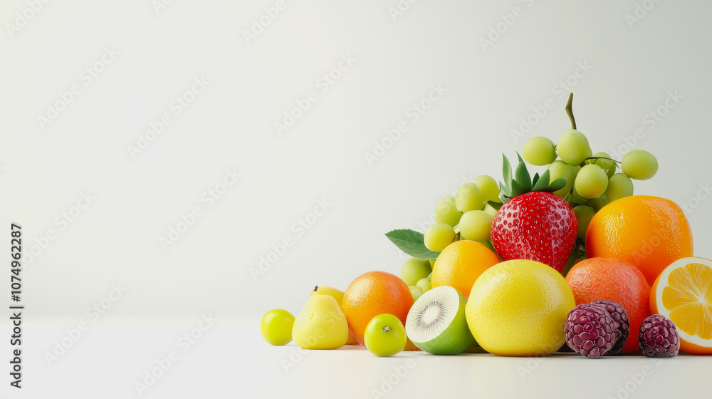 Poster vibrant close-up of ripe fruits arranged on a smooth gradient background, showcasing colors and text