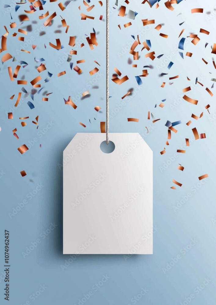 Poster a white tag hangs from a string of confetti