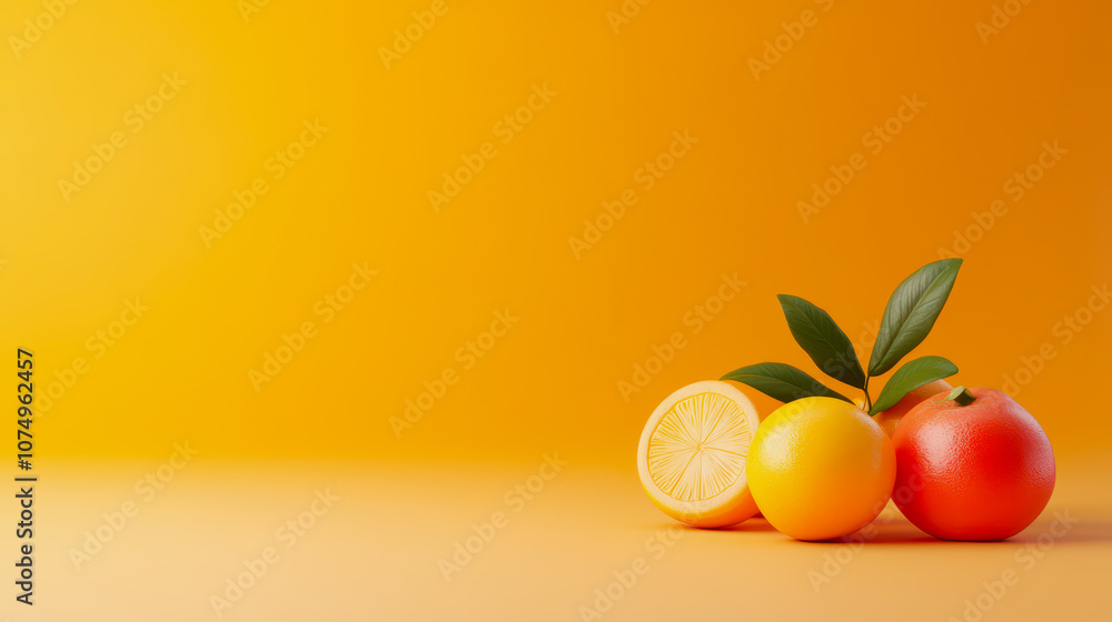 Poster vibrant close-up of ripe fruits on a smooth gradient background showcasing a lemon, orange, and grap