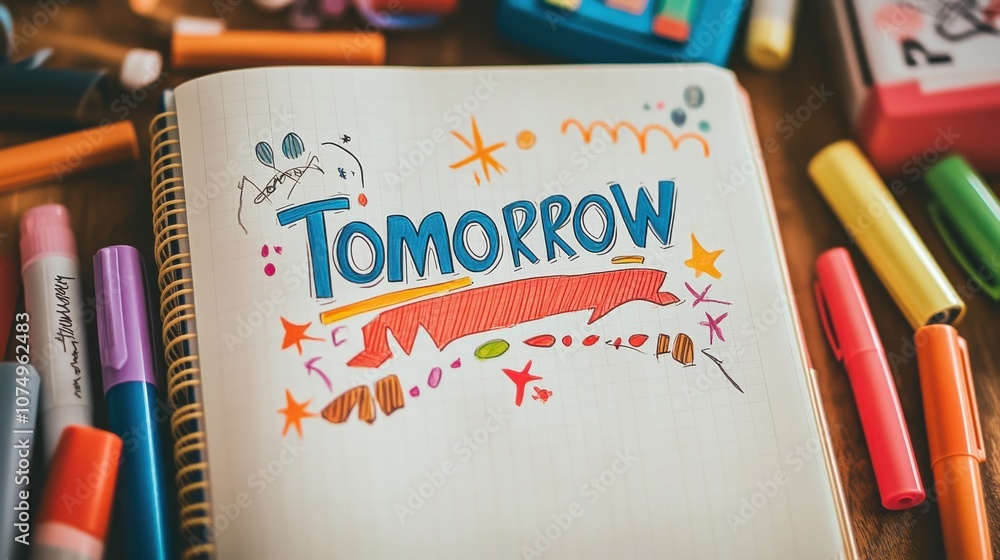 Poster An open journal page titled Tomorrow surrounded by colorful markers on a wooden table representing creativity and planning for the future
