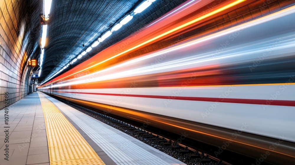 Poster a dynamic long-exposure view of a speeding train in a modern underground station at night