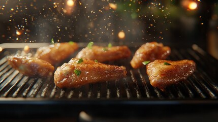 A plate of chicken wings is cooking on a grill