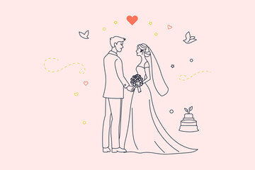 Wedding couple vector illustration. couple marriage ceremony. Just a married love couple, newlyweds. Realistic vector illustrations are isolated on a red background.