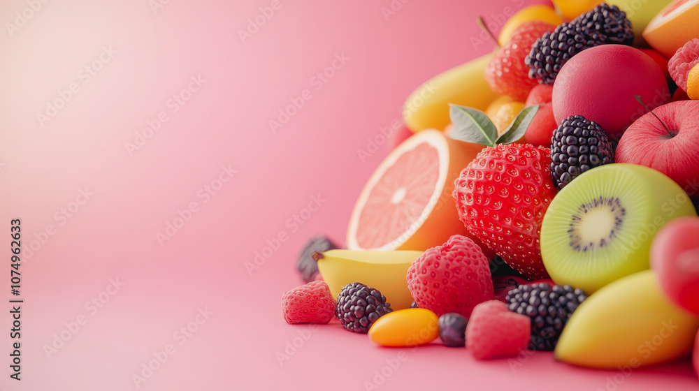 Poster vibrant close-up of fresh and ripe fruits on a smooth gradient background in style, featuring a colo
