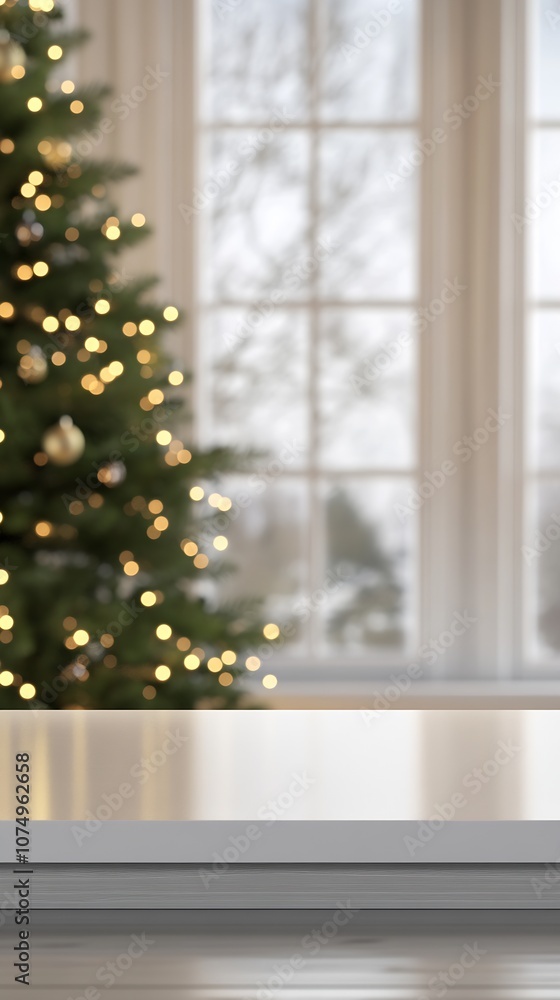 Poster festive season scene with christmas tree bokeh and soft winter morning light through window : genera