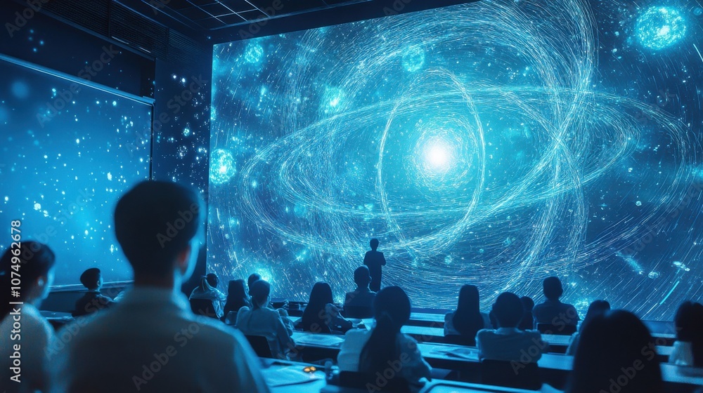 Poster students engage in a high-tech classroom with immersive visuals on new technologies and interactive 