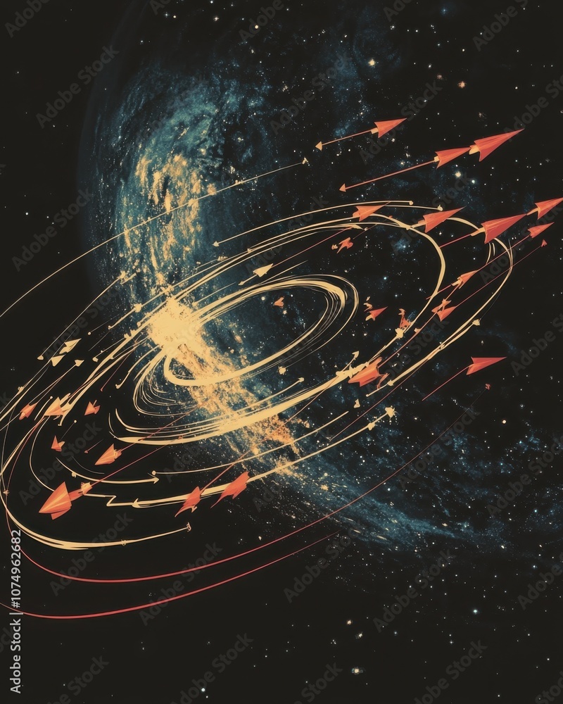 Poster A dynamic graphic representation of the Earth's position and movement within the cosmos, highlighting gravitational interactions and orbital paths