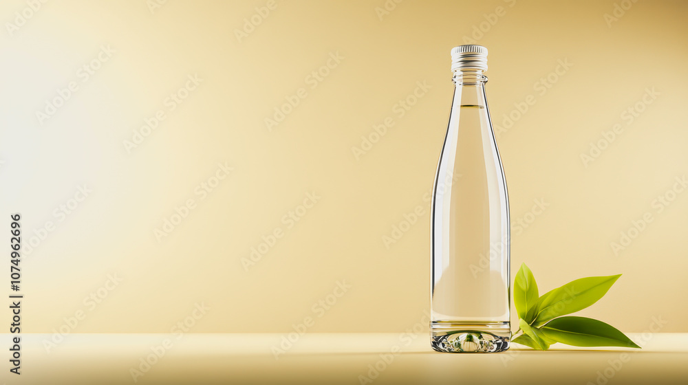 Poster sparkling water bottle on smooth gradient background with fresh green leaves, capturing a modern loo