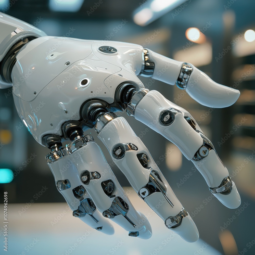 Fototapete Close-up view of a sophisticated robotic hand showcasing intricate mechanical design and technology in a modern research lab setting