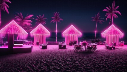 Black and pink themed beach party illustration with night sky and tropical setting
