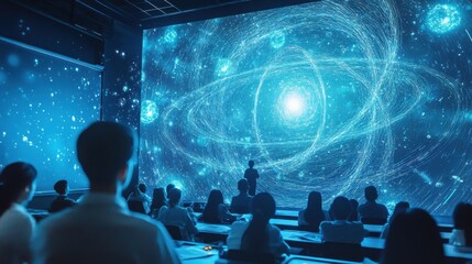 Students engage in a high-tech classroom with immersive visuals on new technologies and interactive learning experiences