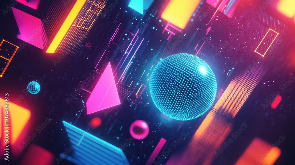 Leinwandbilder A vibrant futuristic abstract background filled with floating geometric shapes and glowing orbs in a dynamic digital environment